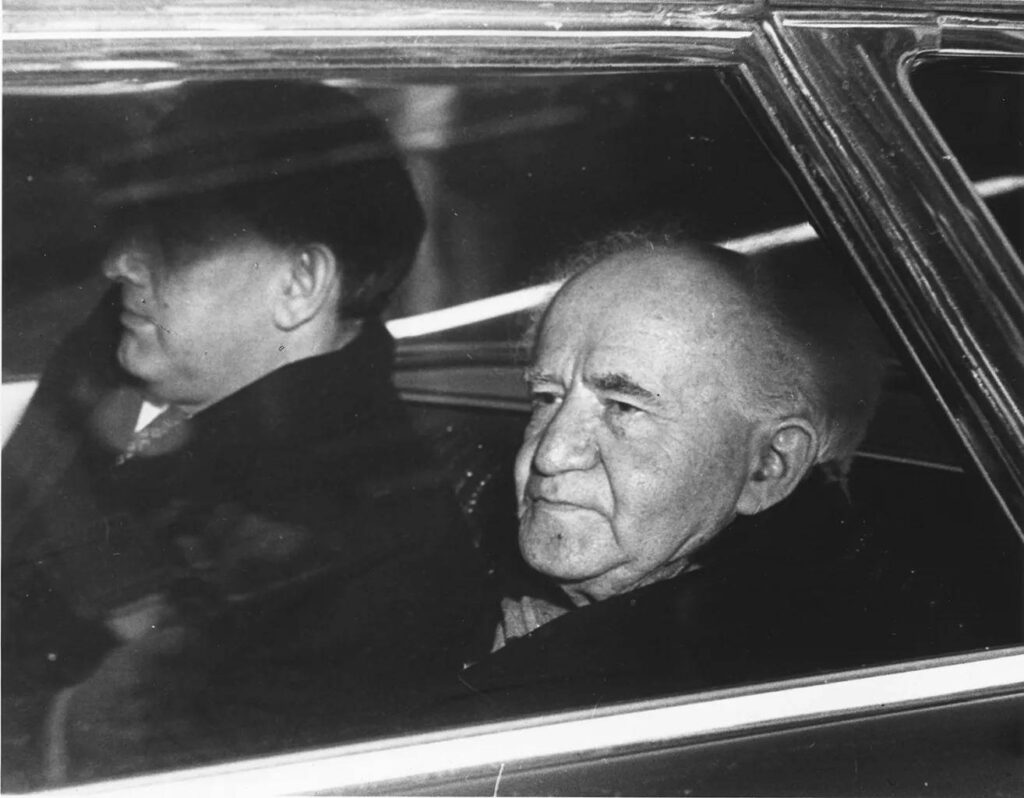 Israeli Prime Minister David Ben-Gurion rides in a car in Washington, D.C., on March 10, 1960, during a state visit.